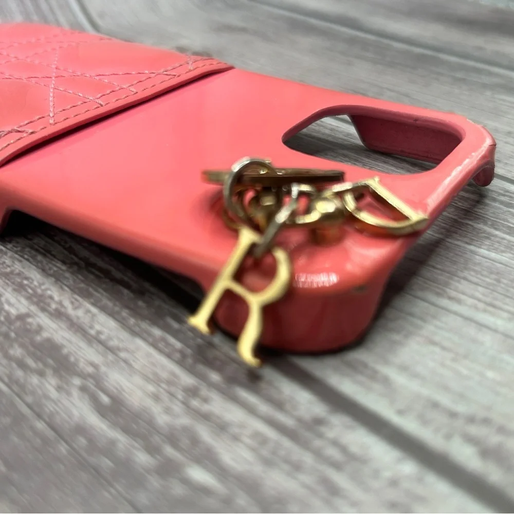 DIOR Lady Dior Lambskin Quilted Leather iPhone 14 Phone Case w/ Logo Charm Pink